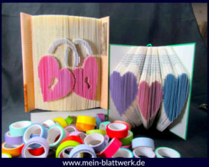 Buchfalten-Anleitung: Farbige Motive erstellen mit Washi-Tape. Kostenlose Vorlagen zum Nachbasteln.