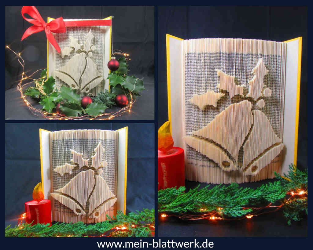 Weihnachtsdekoration mit alten Büchern. Glocken-Vorlage zum Buchfalten.