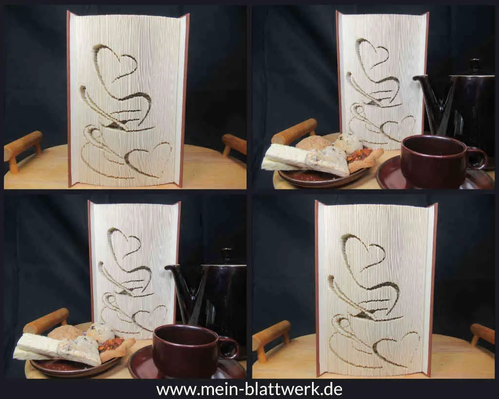 Buchkunst: Kaffetassee mit Herzen in ein Buch falten als schöne Deko für Kaffeeliebhaber.