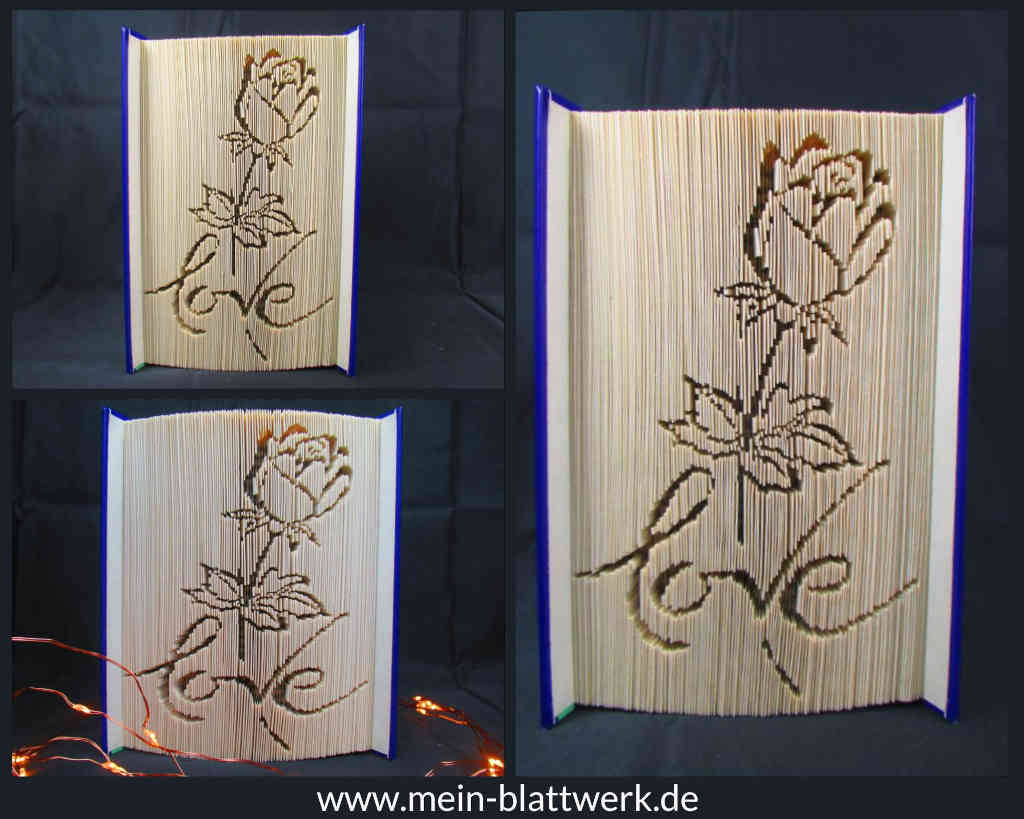 Romantisches Geschenk: Rose mit love in ein Buch falten. Kostenlose Vorlage zum Ausdrucken.