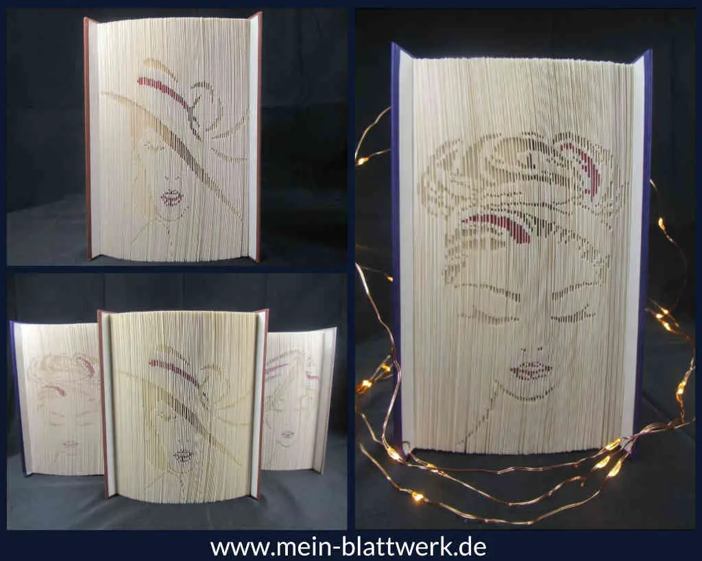 Kostenlose Buchfalten-Vorlage zum Ausdrucken. Schneide und falte die Silhouette Frau mit Hut in ein altes Buch.