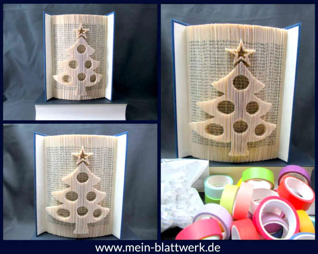 Buchfalten-Vorlage farbiger Weihnachtsbaum mit Beleuchtung. Bastle ein effektvolles, gefaltetes Buch als Weihnachtsdekoration mit unserer kostenlosen Vorlage für einen Weihnachtsbaum mit Beleuchtung.