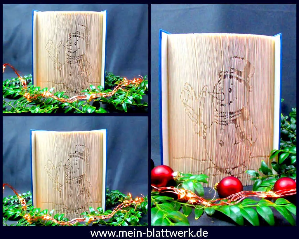 Kostenlose Vorlage zum Buchfalten zu Weihnachten. Falte und schneide einen süßen Schneemann in dein Buch. Buchfalten selbermachen mit Gratis-Vorlage. Weihnachtsdekoration selber machen.