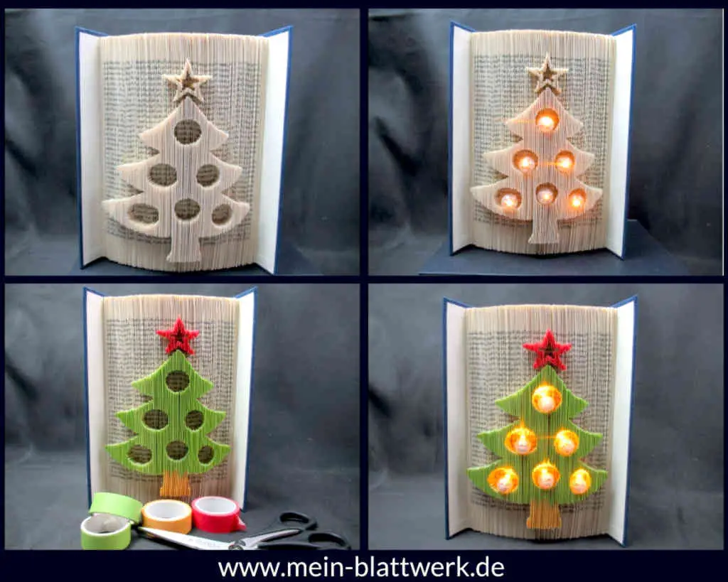 Buchfalten-Vorlage farbiger Weihnachtsbaum mit Beleuchtung. Bastle ein effektvolles, gefaltetes Buch als Weihnachtsdekoration mit unserer kostenlosen Vorlage für einen Weihnachtsbaum mit Beleuchtung.