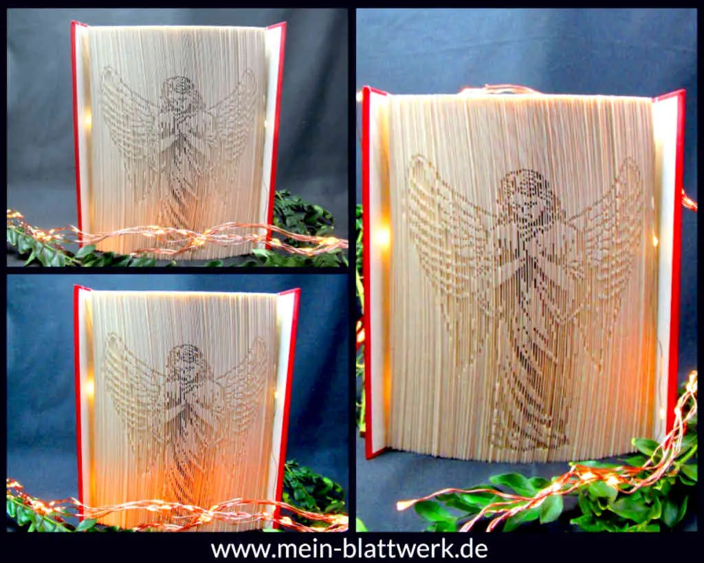 Kostenlose Buchfalten-Vorlage zum Ausdrucken. Einen Engel in ein Buch falten. Schattenfaltung Motiv Engel.