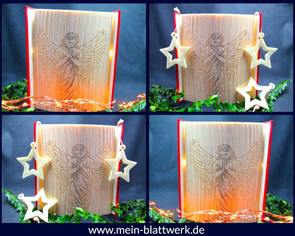 Kostenlose Buchfalten-Vorlage zum Ausdrucken. Einen Engel in ein Buch falten. Schattenfaltung Motiv Engel. Buchfalten zu Weihnachten.