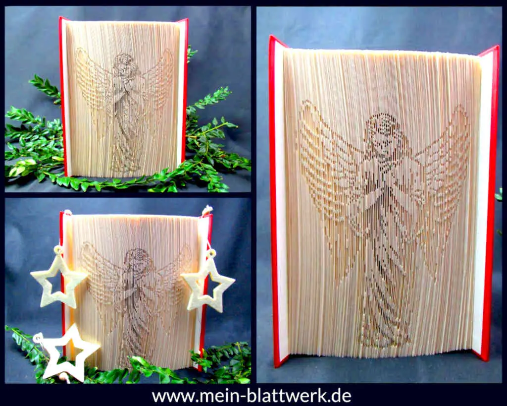 Kostenlose Buchfalten-Vorlage zum Ausdrucken. Einen Engel in ein Buch falten. Schattenfaltung Motiv Engel.