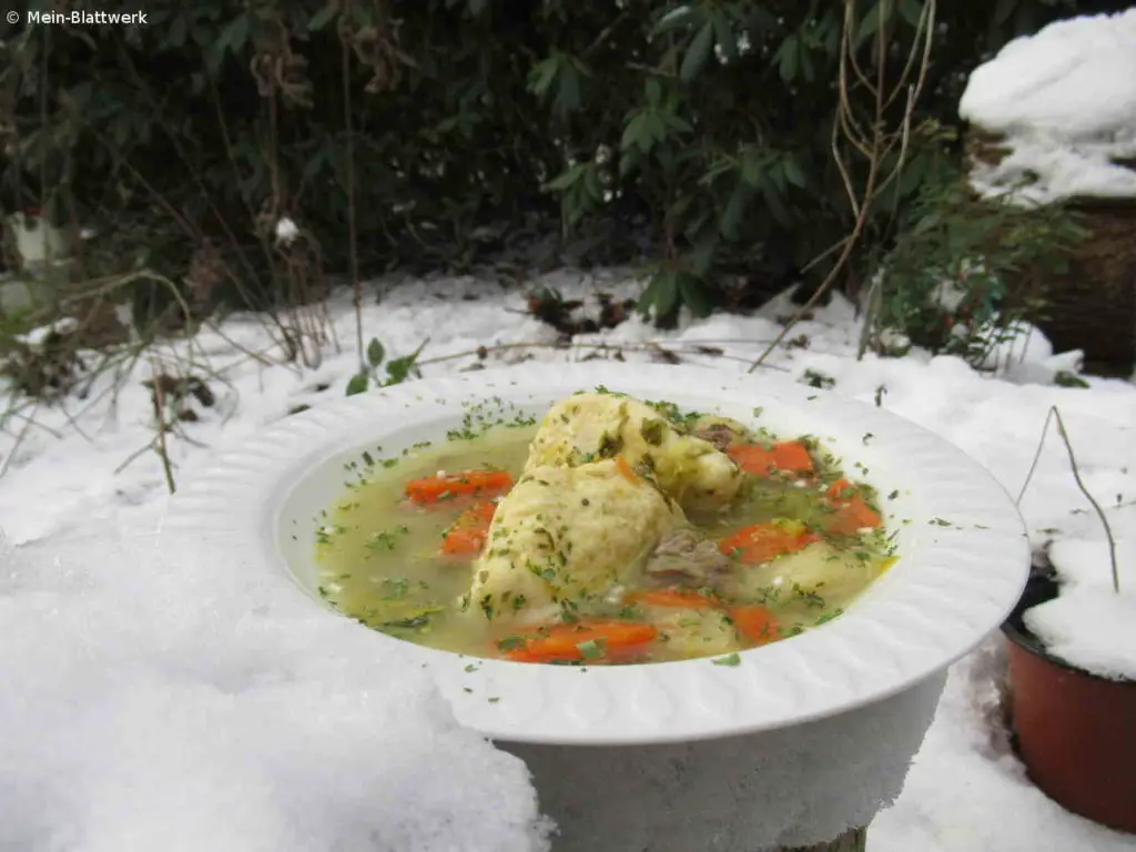 Frische Suppe, mit viel Gemüse und Schwemmklößen