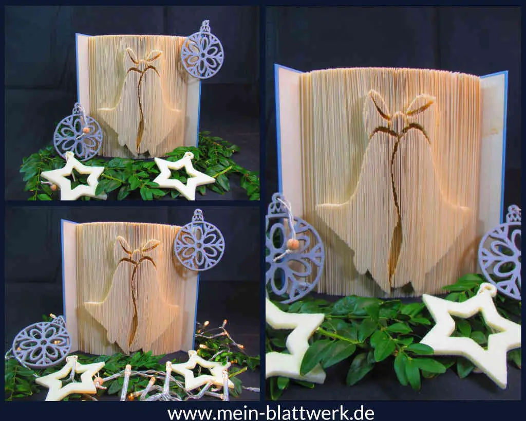 Weihnachtsdekoration aus einem alten Buch. Weihnachtsglocken-Motiv.