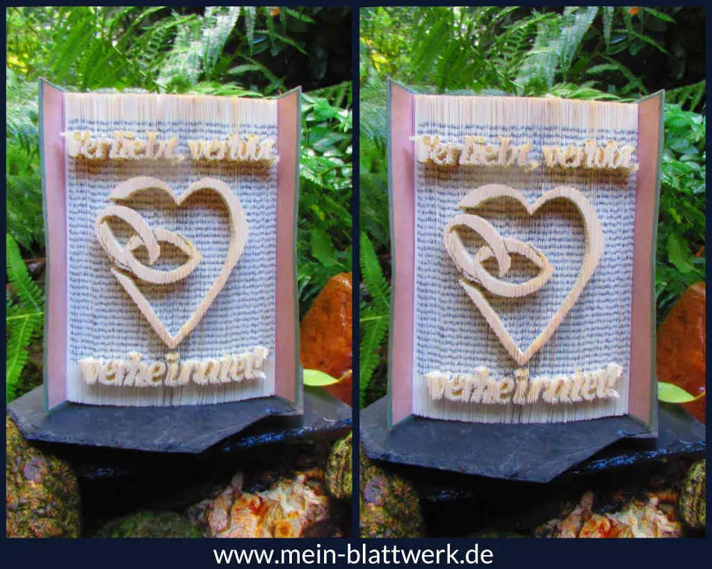 Kostenlose Buchfalten-Vorlage zum Ausdrucken für ein Hochzeitsbuch. Ein Herz mit Eheringen in einem Buch als Hochzeitsgeschenk.