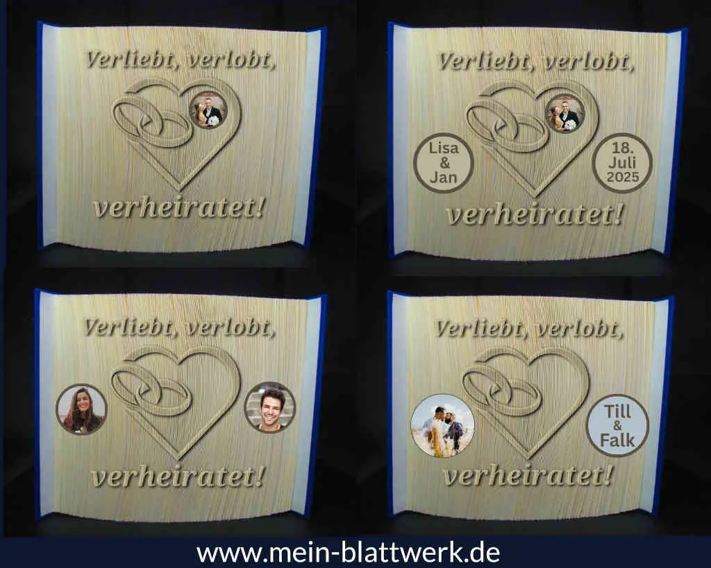 Kostenlose Buchfalten-Vorlage zum Ausdrucken für ein Hochzeitsbuch. Ein Herz mit Eheringen in einem Buch als Hochzeitsgeschenk.