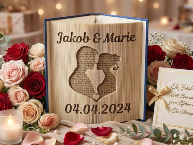 personalisierte Buchfalten Vorlage zur Hochzeit mit Namen und Datum. Hochzeitsgeschenk mit dem Motiv Brautpaar.