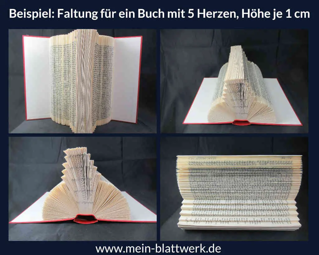 Buchfalten auf meherern Ebenen: Anleitung und kostenlose Buchfalten-Vorlage zum Ausdrucken. Multilayer-Motiv 6 Herzen zum Nachbasteln.