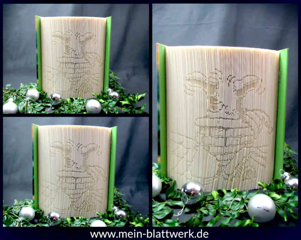 Bastel-Idee zu Weihnachten. Erstelle ein gefaltetes Buch mit dem Motiv "Santa Claus im Schornstein". Kostenlose Vorlage zum Ausdrucken. Buchfalten-Weihnachtsvorlagen.