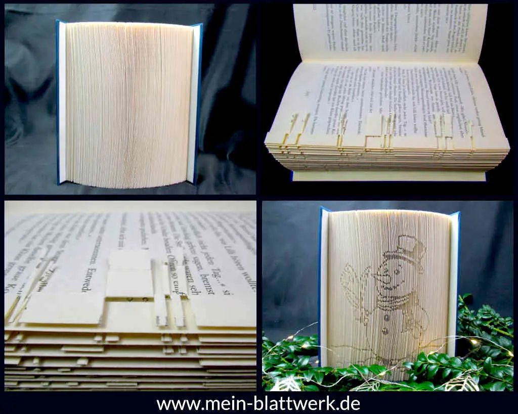 Kostenlose Vorlage zum Buchfalten zu Weihnachten. Falte und schneide einen süßen Schneemann in dein Buch. Buchfalten selbermachen mit Gratis-Vorlage. Weihnachtsdekoration selber machen. Mit Schritt für Schritt-Anleitung