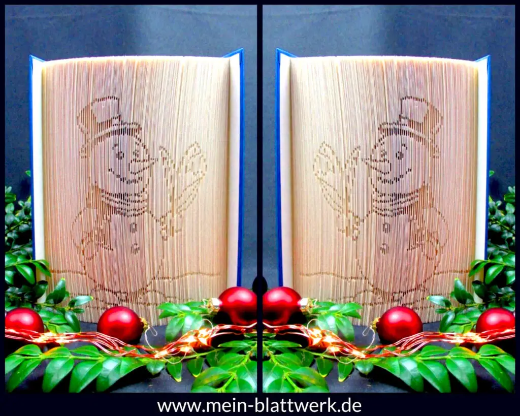 Kostenlose Vorlage zum Buchfalten zu Weihnachten. Falte und schneide einen süßen Schneemann in dein Buch. Buchfalten selbermachen mit Gratis-Vorlage. Weihnachtsdekoration selber machen.
