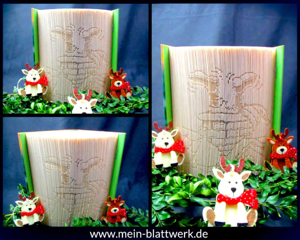 Bastel-Idee zu Weihnachten. Erstelle ein gefaltetes Buch mit dem Motiv "Santa Claus im Schornstein". Kostenlose Vorlage zum Ausdrucken. Buchfalten-Weihnachtsvorlagen.