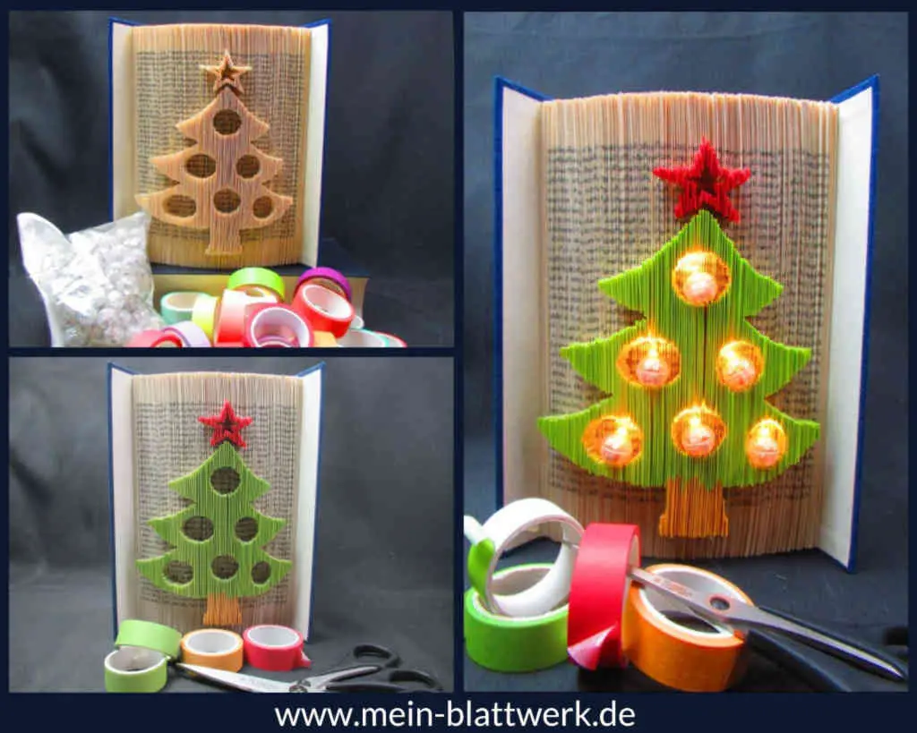 Buchfalten-Vorlage farbiger Weihnachtsbaum mit Beleuchtung. Bastle ein effektvolles, gefaltetes Buch als Weihnachtsdekoration mit unserer kostenlosen Vorlage für einen Weihnachtsbaum mit Beleuchtung.