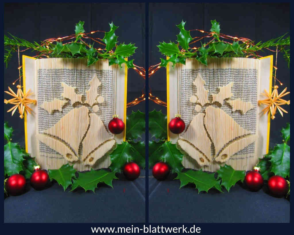 Weihnachtsdeko: Glocken im Buch. Glocken-Vorlage zum Nachbasteln.