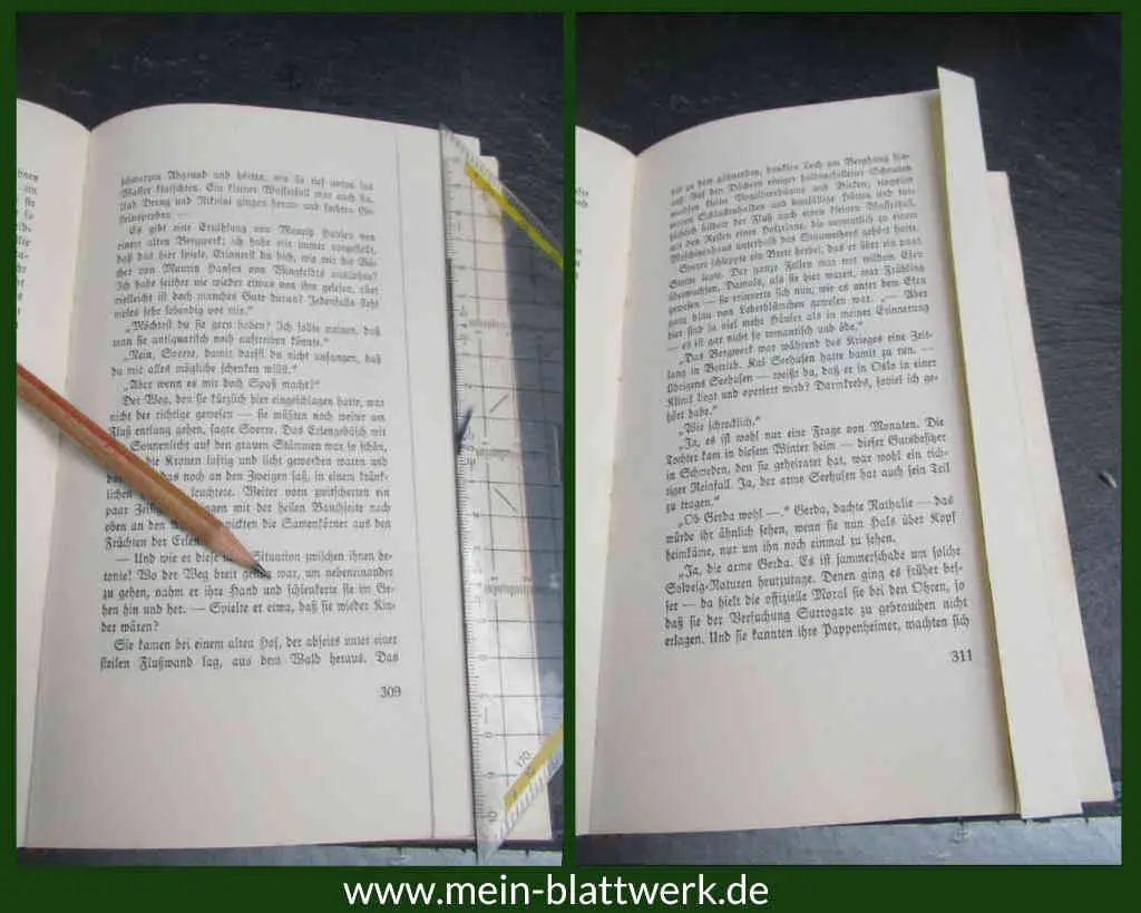 Vorfalten des Buches für das Motiv. Ein Ornament in ein Buch falten mit einer kostenlosen Vorlage und Anleitung.