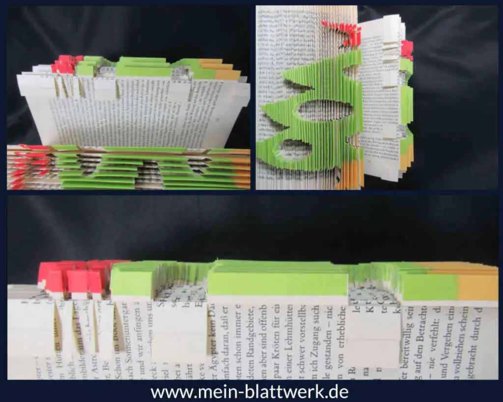 Buchfalten-Vorlage farbiger Weihnachtsbaum mit Beleuchtung. Bastle ein effektvolles, gefaltetes Buch als Weihnachtsdekoration mit unserer kostenlosen Vorlage für einen Weihnachtsbaum mit Beleuchtung.