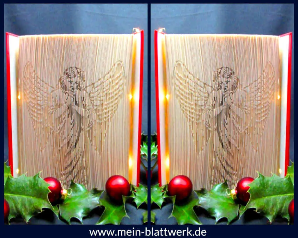 Kostenlose Buchfalten-Vorlage zum Ausdrucken. Einen Engel in ein Buch falten. Schattenfaltung Motiv Engel.